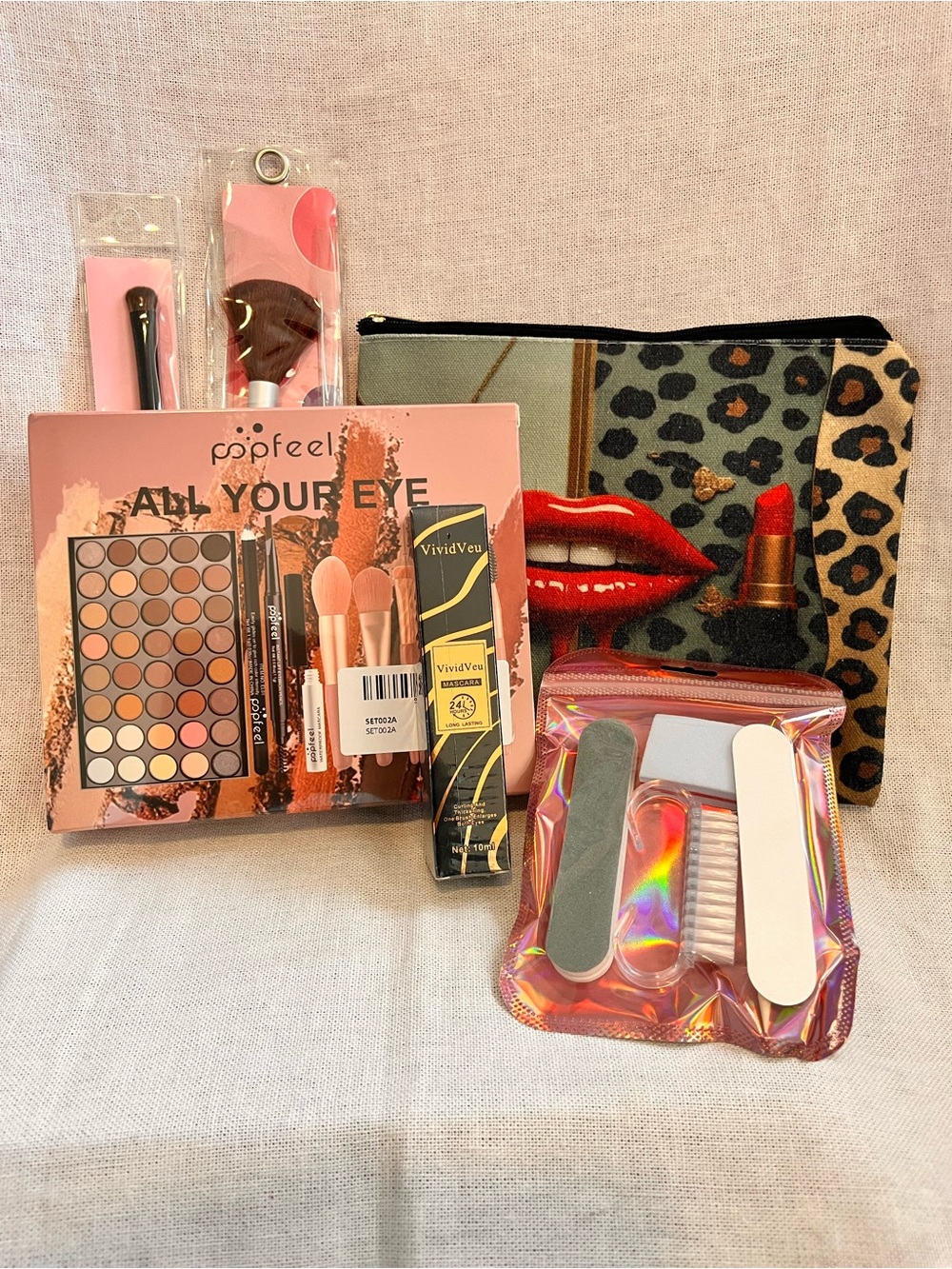 Popfeel All Your Eye Eyeshadow Palette + Leopard Lip Print Cosmetic Bundle